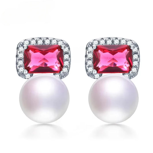 High Quality Red Zircon 925 Sterling Silver Earrings Jewelry 100% Genuine Natural Freshwater Pearl Stud Earrings for Women