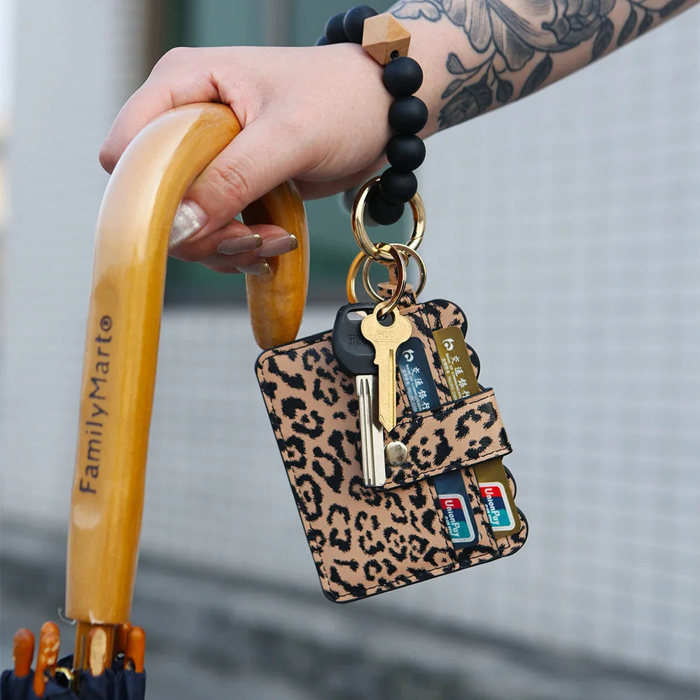 Hemasa Silicone Beads Bracelet With Leopard Print Silicone Bead Bracelet PU Tassel Womens Leather Wallet Key Wrist Keychain Pendant