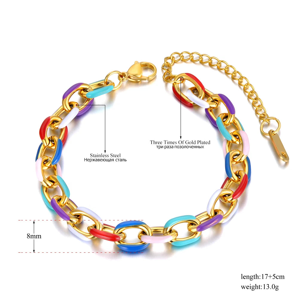 Hemasa Stainless Steel Chain & Link Bracelet Trendy 18k Gold Plated Colorful Glazed Charm Bracelet For Women JB22038