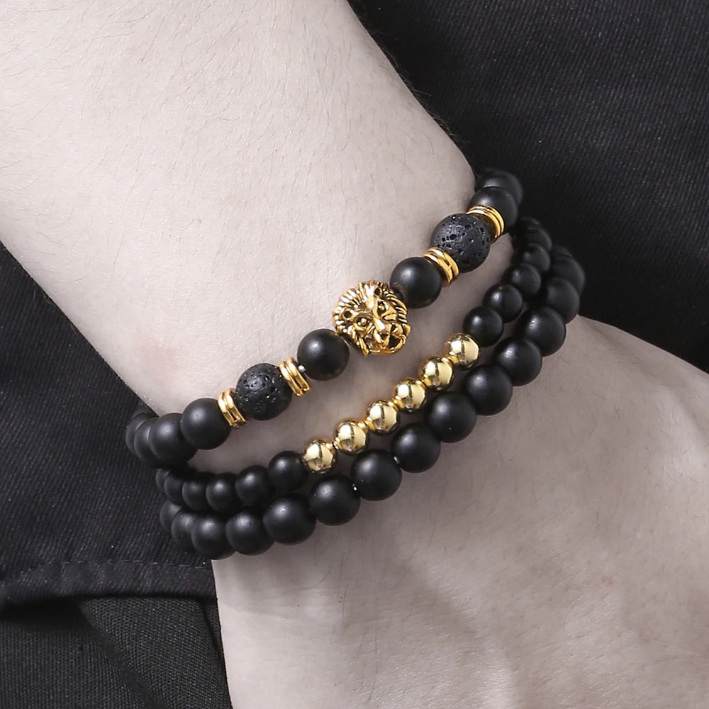 Vintage Lion Head Beaded Bracelets Men Obsidian Lava Stone Dog Paw Charm Bracelets & Bangles for Women Friendship Jewelry Gift