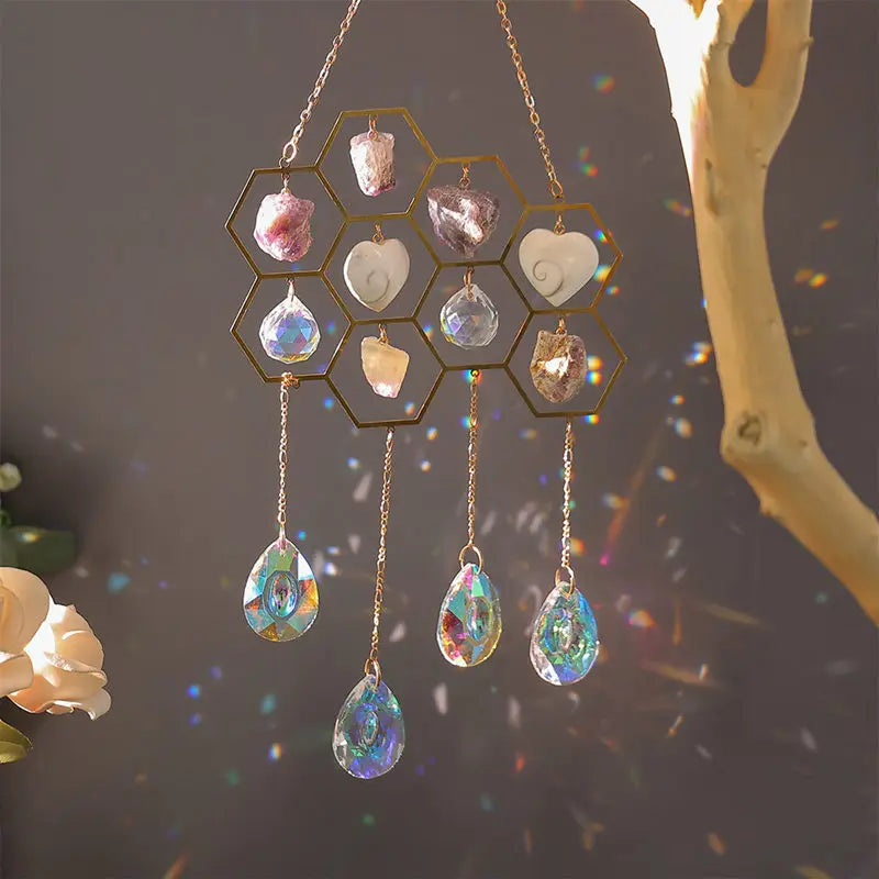 Crystals Honeycomb Suncatcher Window Hanging Decor Raw Mineral Amethyst Fluorite Gems Natural Stones Home Indoor Ornament Gifts