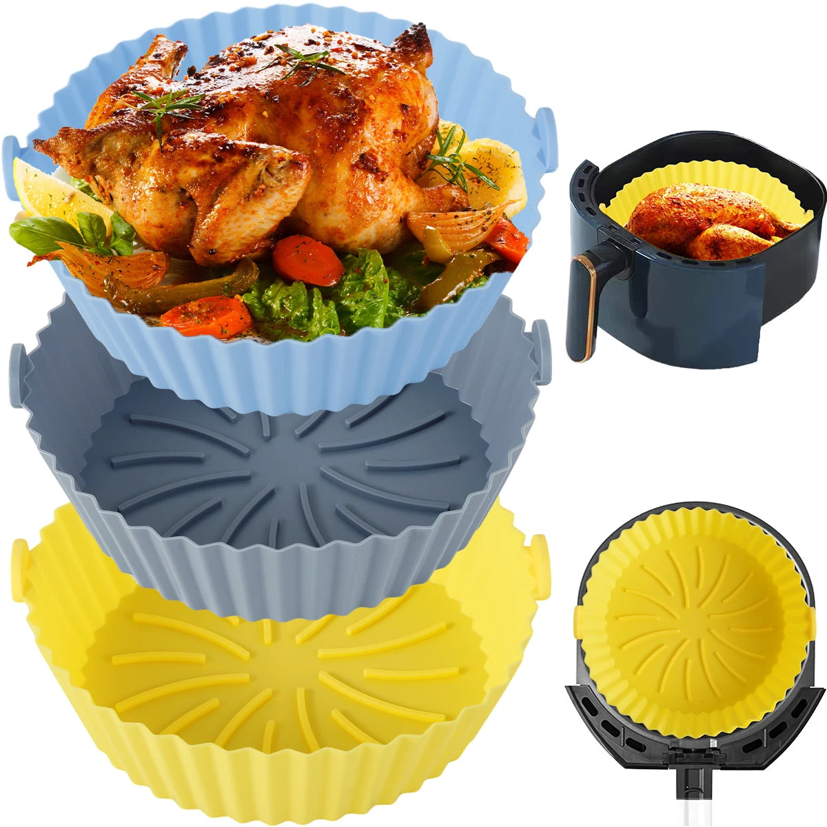 Tejesa 3/2pc Air Fryer Silicone Liner Soft Baking Pan Reusable Airfryer Oven Baking Tray Fruit Wash Basket Pizza Pan Liner Accessories