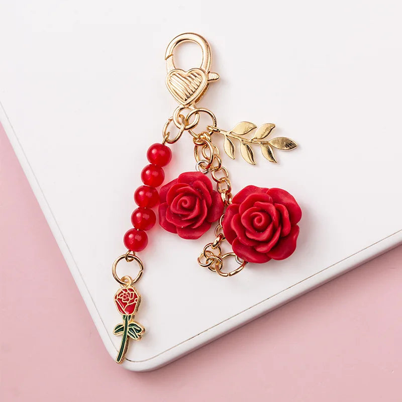 Fashion Imitation Pearl Flower Keychain Cute Sakura Rose Plush Ball Keyring for Women Girls Car Handbag Phone Pendant Accessorie