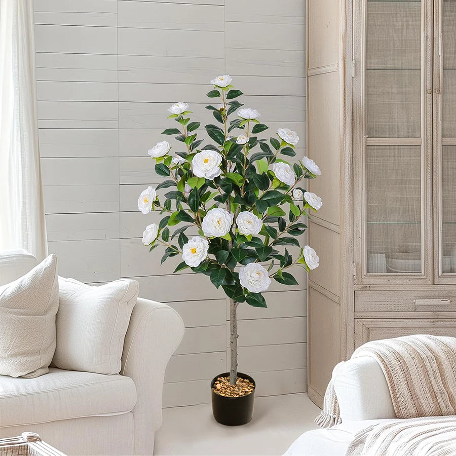 Artificial Tree Artificial Camellia Tree 120cm/47.24in  Fake Bonsai Plant Removable Fake Flower Tree Party Christmas Home Decor