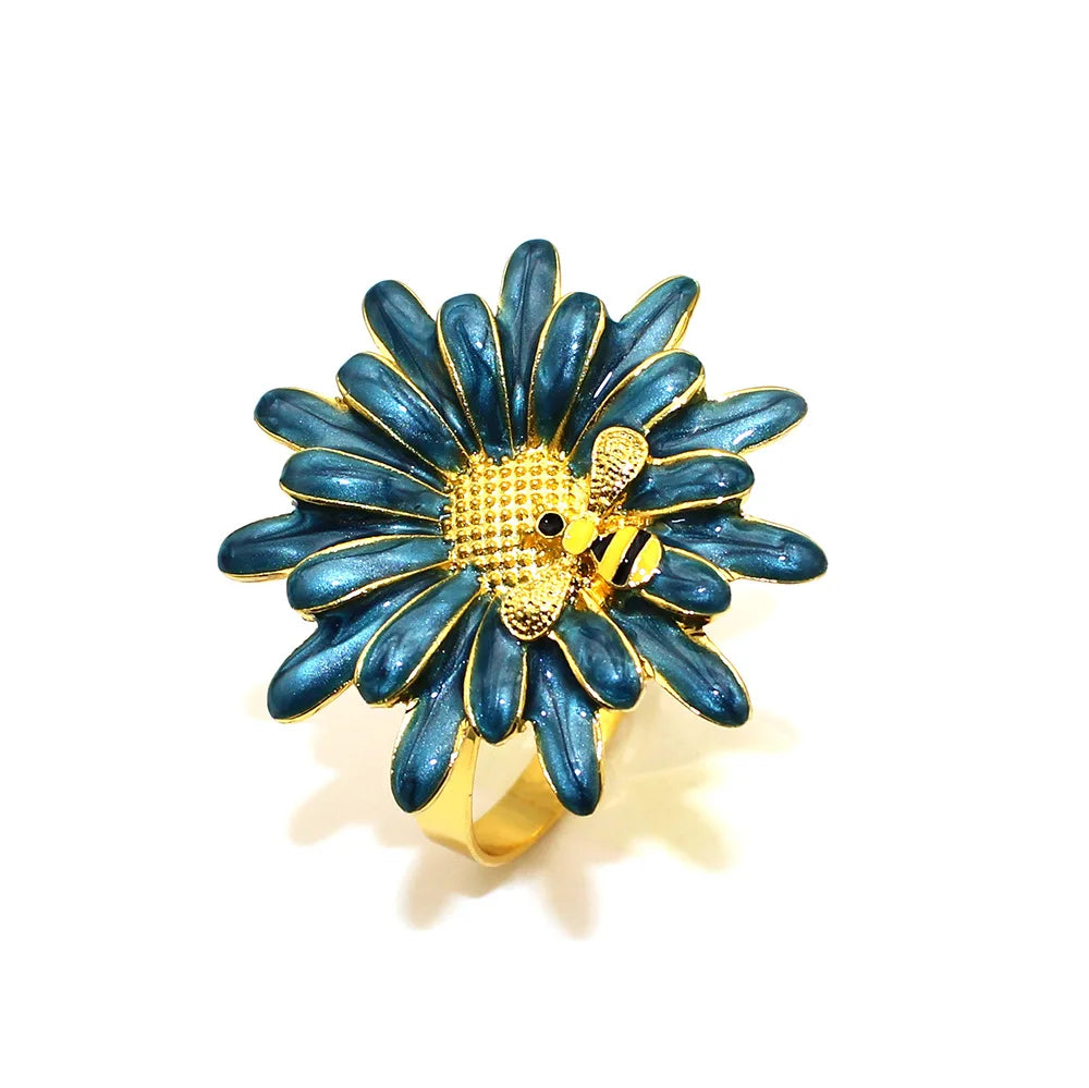 Hemasa 6Pcs New Flower Bee Napkin Rings Metal Daisy Flower Napkin Holder Gold Wedding Napkin Buckles for Party Home Table Decor ERD14