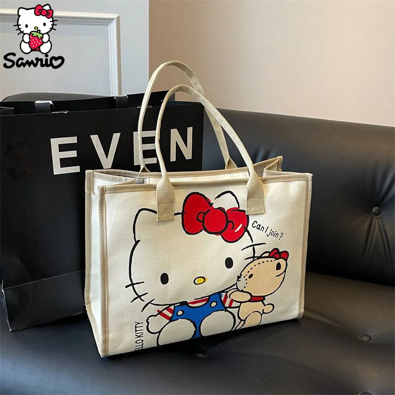 Hemasa Hello Kitty Canvas Bag  Tote Bag Shoulder Storage makeup  Pouch Anime Handbag Travel Shopping Bag Kid Schoolbag Girl Gift