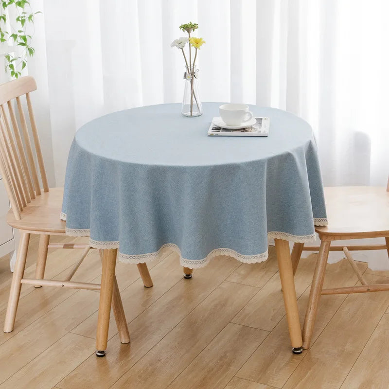 Tejesa Round Solid Color Faux Linen Tablecloth with Lace Trim-Waterproof/Spill Proof/Stain Resistant/Oil Proof-for Banquet,Parties