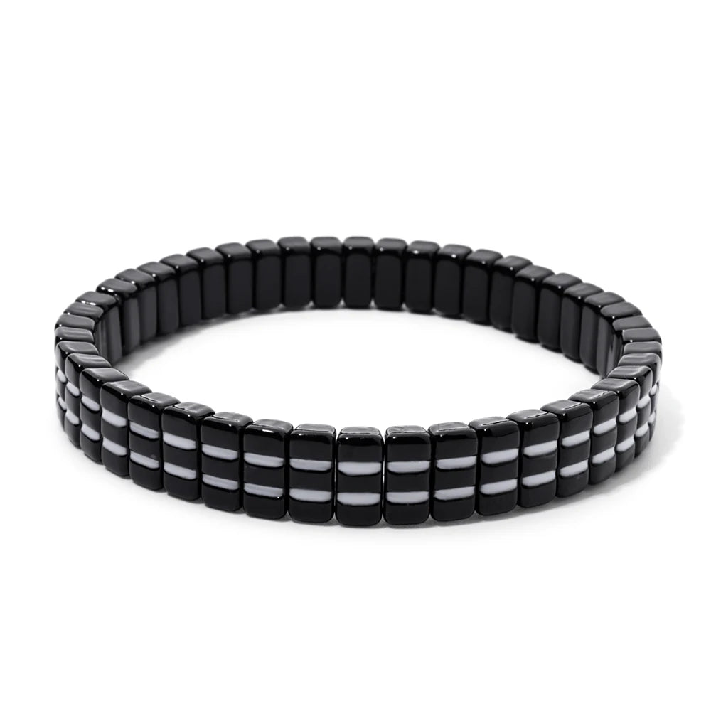 Tejesa Black Theme Enamel  Beaded Elastic Bangle Bracelet For Women
