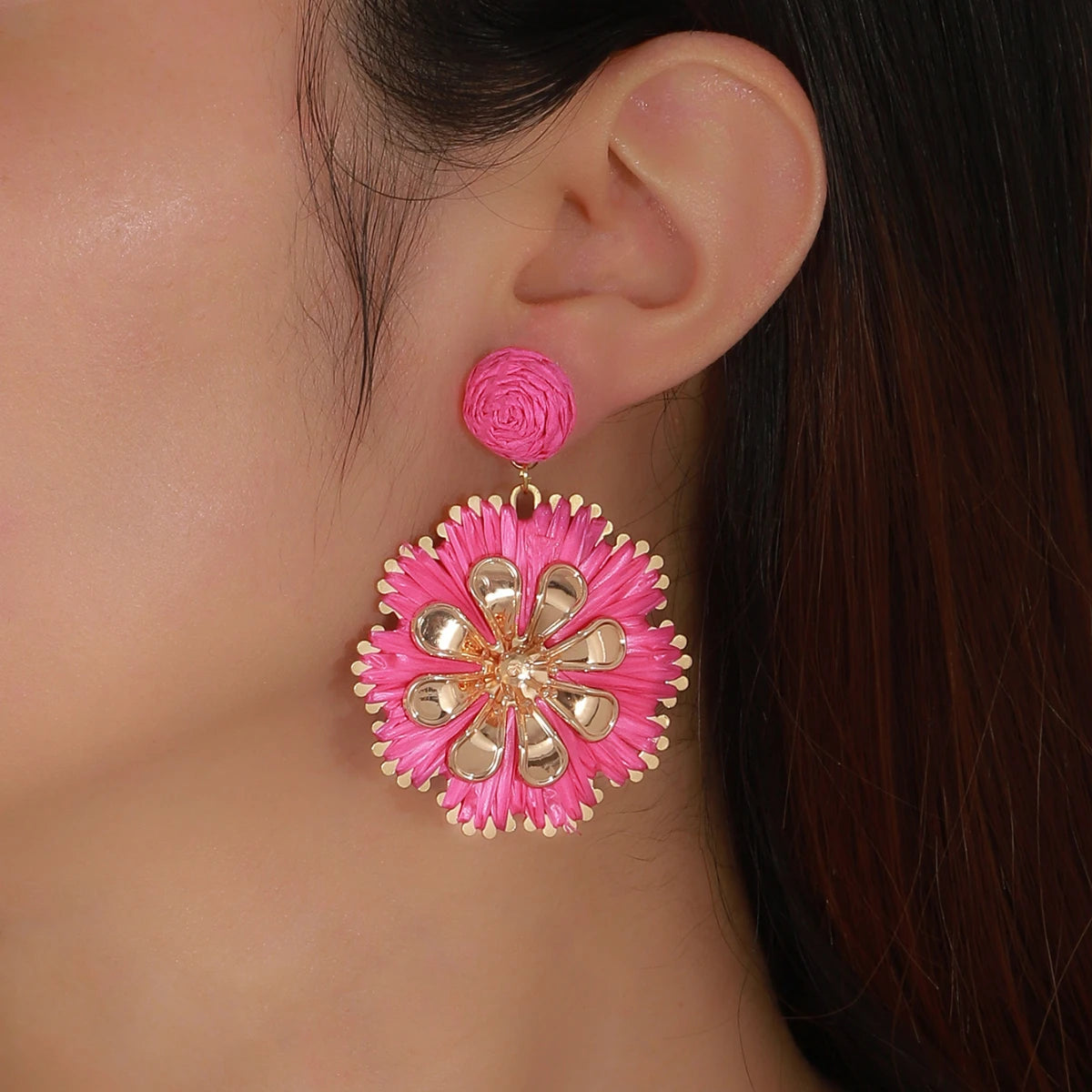 Bohemia Woven Raffia Flower Drop Earrings for Women Girls Handmade Floral Rattan Knit Earring Summer Beach Ear Stud Jewelry Gift