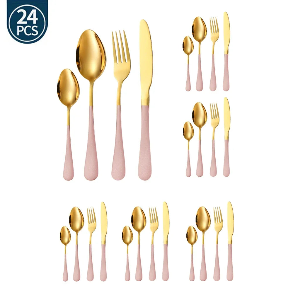 Hemasa 24Pcs Green Gold Tableware Set /Stainless Steel Cutlery  set  Knife Fork Spoon Restaurant Wedding Flatware Set