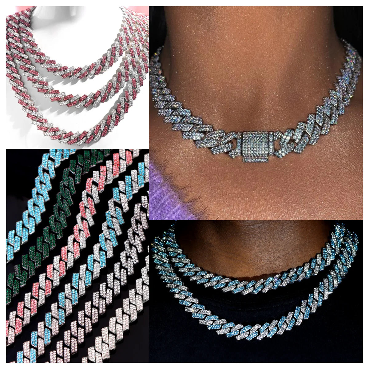 14MM Blue Prong Cuban Chain Hiphop Necklaces For Women Men 2 Row Rhombus Iced Out Cuban Link Chain Choker Necklace Jewelry