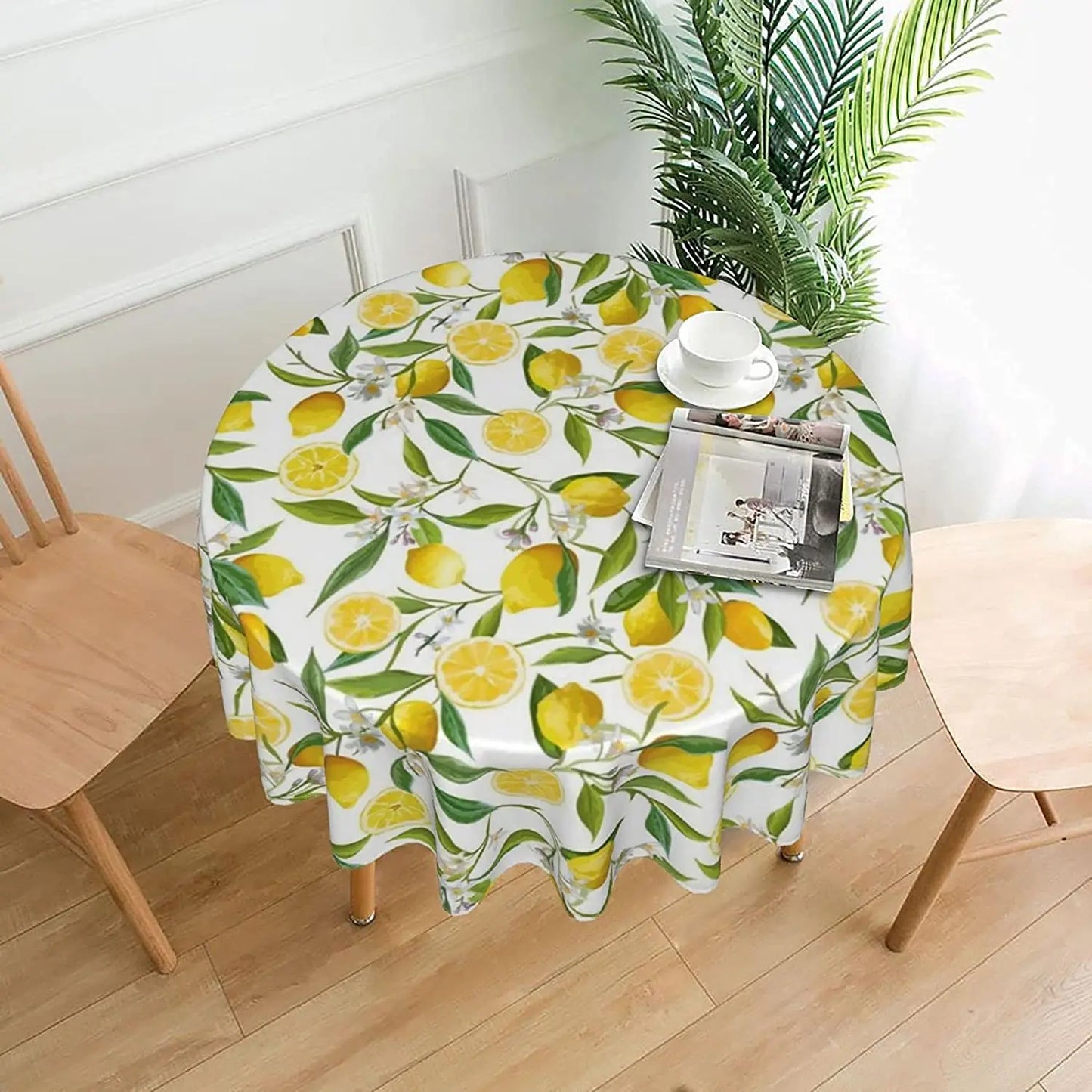 Lemon Tree Branches Flowers Leaves Round Tablecloth 60 Inch Tablecover Anti-Wrinkle Waterproof Wipeable Table Cloth Home Decor