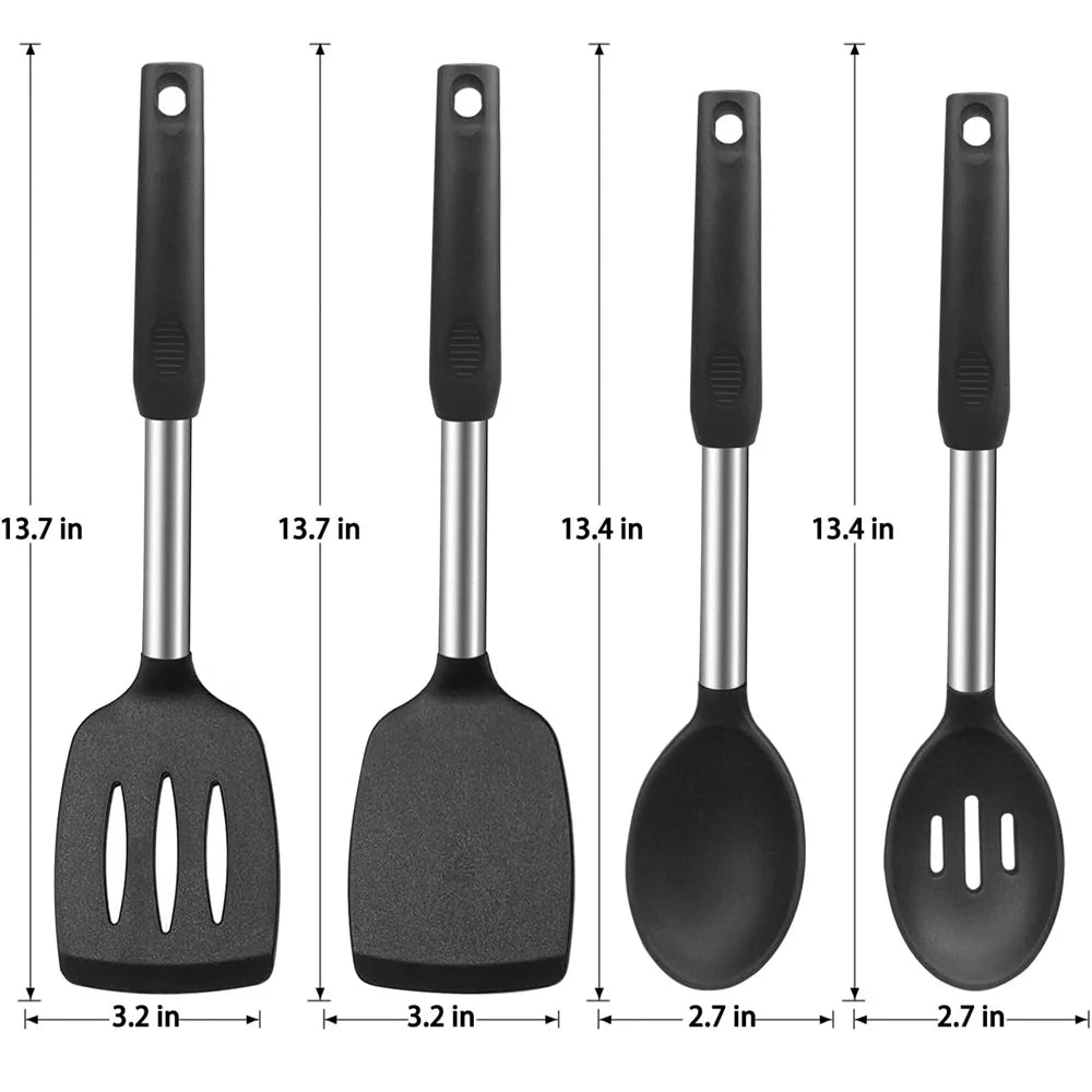 Hemasa 4 PCS Silicone Kitchen Cookware Spatula Colander Cooking Utensils /Stainless Steel Leaky Spatulas