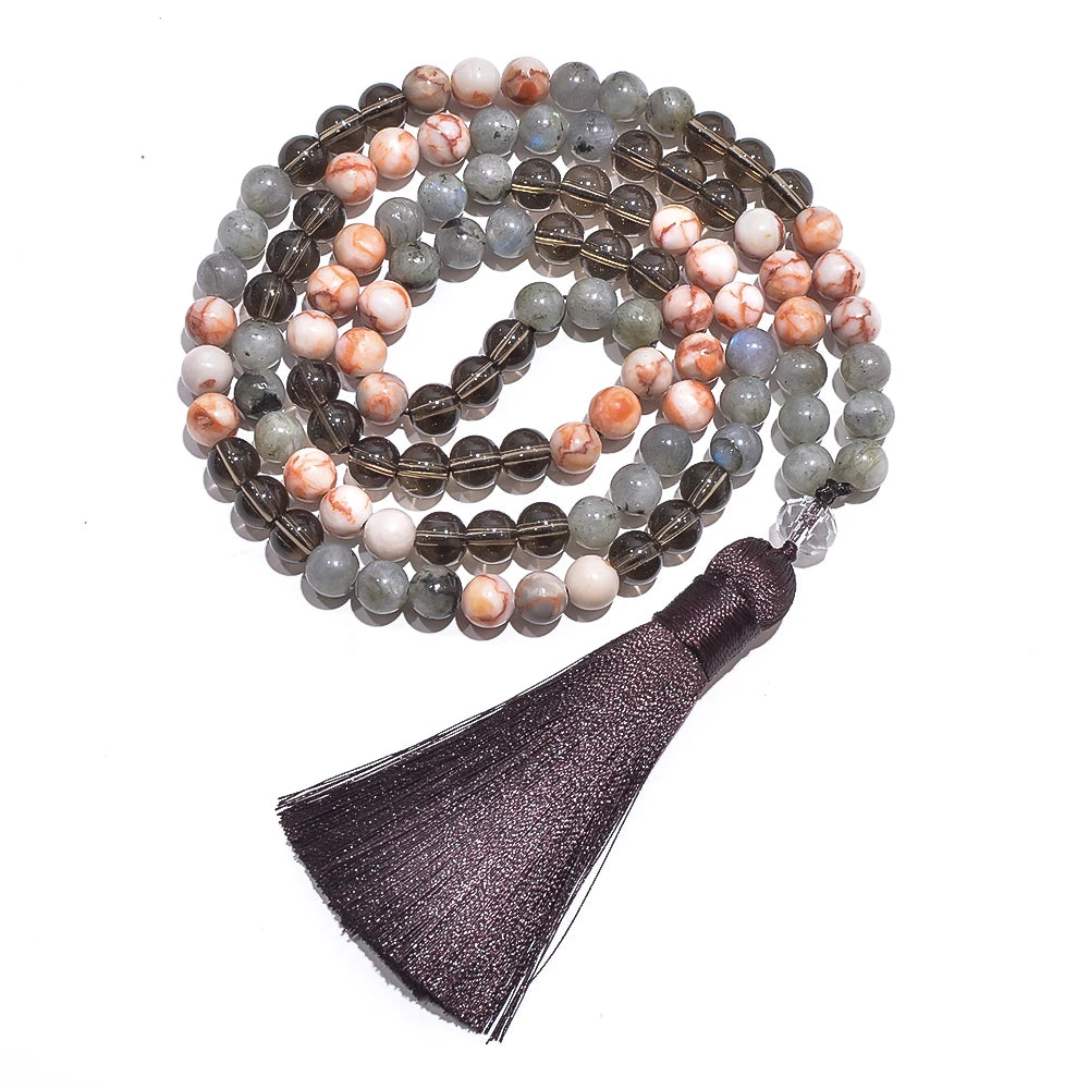 8mm Labradorite Smoke Quartz Beaded 108 Mala Necklace Bracelet Jewelry Set Meditation Yoga Prayer Japamala Rosary