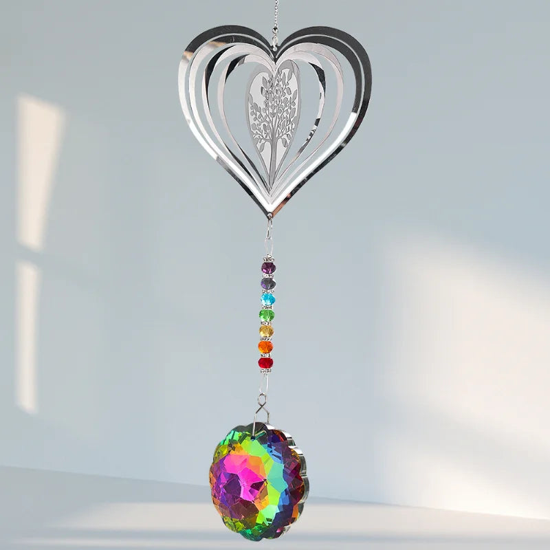3D Rotating Love Heart Openwork Tree of Life Rainbow Mandala Glass Crystal Pendant Laser Prism Aurora Sun Catcher Garden Hanging