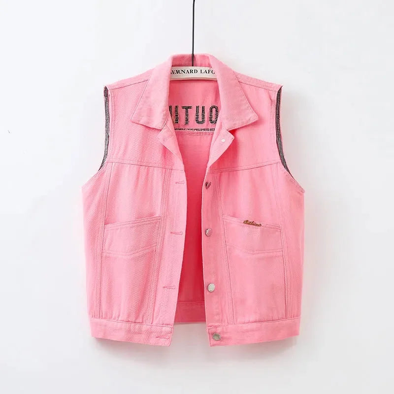 Hemasa New Colored Denim Vest Women Short Slim Embroidered Sleeveless Jacket Cardigan Tops Spring Pink Jeans Vest Female Waistcoat