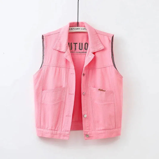 Hemasa New Colored Denim Vest Women Short Slim Embroidered Sleeveless Jacket Cardigan Tops Spring Pink Jeans Vest Female Waistcoat