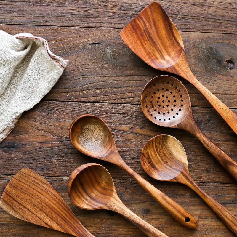 Hemasa  4Pcs  Teak Natural Wood Tableware Spoon Ladle Turner Long Rice Colander Soup Skimmer Cooking Spoons