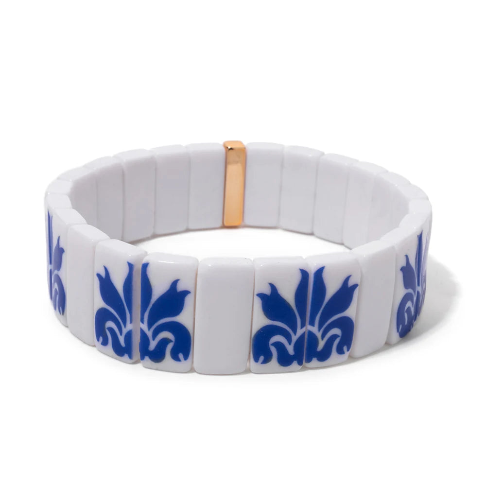 8x16mm Plastc Chinese Blue and White Porcelain Texture Beaded Bracelets For Women Handmade Spring Hand Accessory