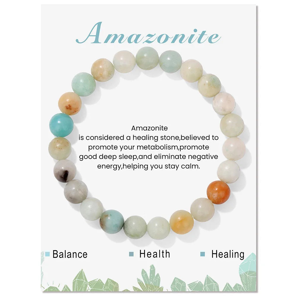 Heamsa 8mm Natural Stone Beads Bracelet  /Amethysts/ Lapis Lazuli/ Rose Pink Quartz's Crystal Stretch Bracelet With Card For Women Men Gift