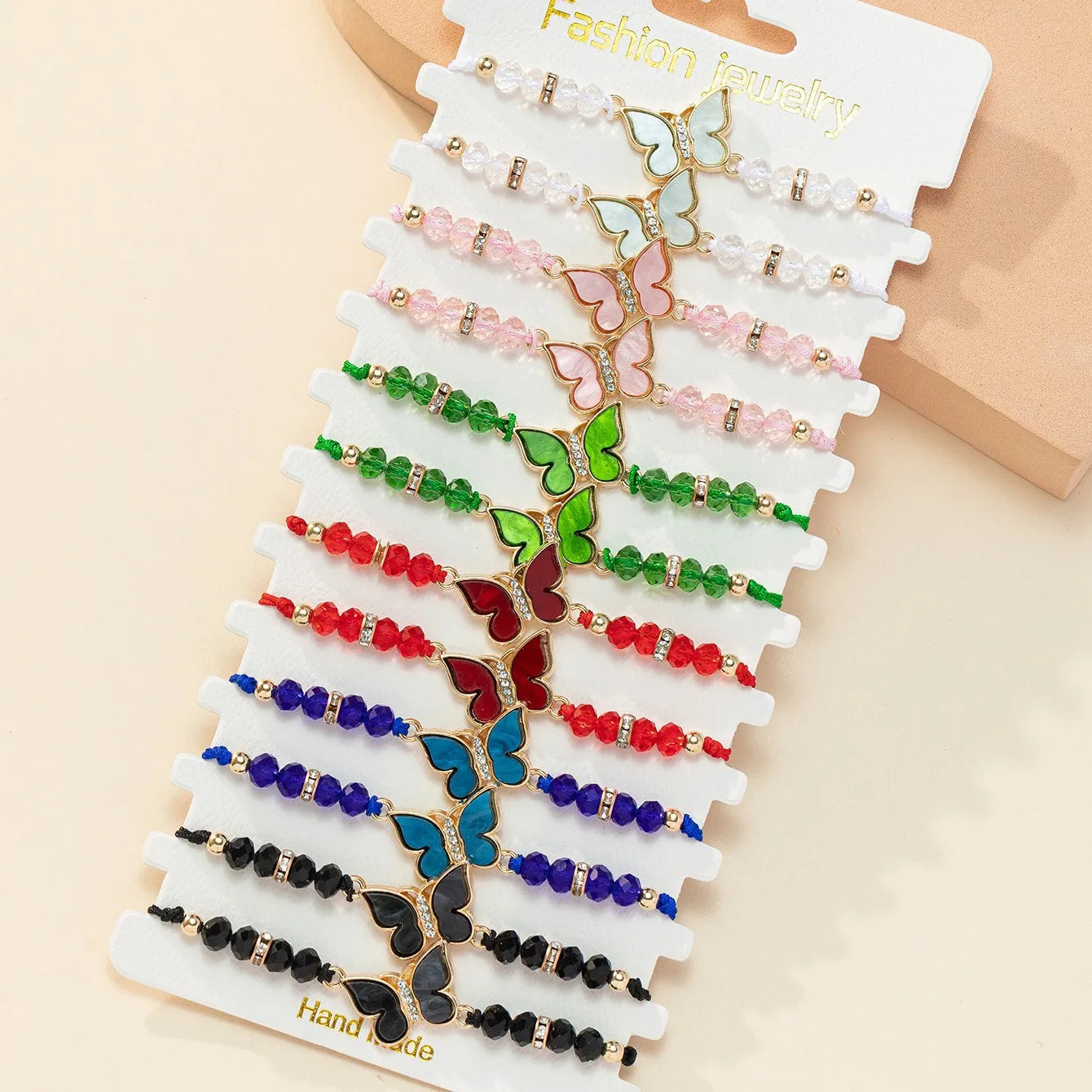 12 Pieces Fashionable Multi-Color Crystal Butterfly Beaded Bracelets For Women's Minimalist Hand Woven Bracelets