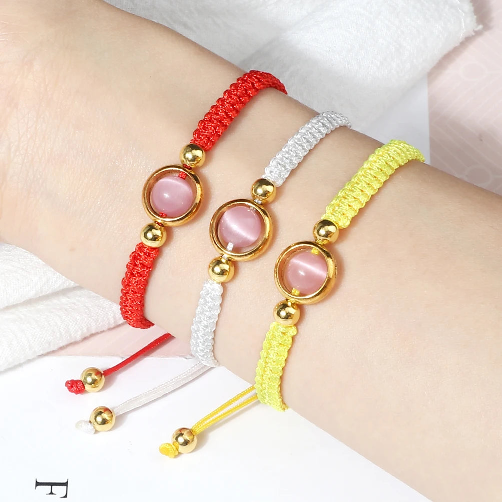 Pink Cat Eye Stone Beads Braided Bracelet For Women Red Thread String Bracelet Men Lucky Handmade Weave Rope Bangle Jewelry Gift