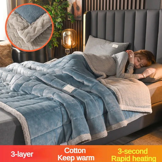 Coral Fleece Autumn Winter Warm Blankets for Bed 3 Layers Thicken Flannel Blanket Quilt Soft Comfortable Warmth Quilts Washable