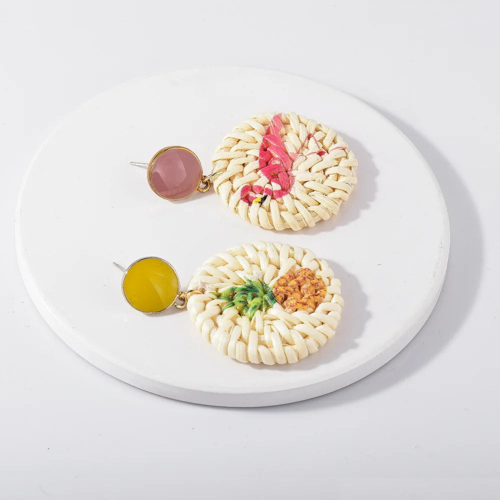 Lost Lady Handmade Straw Rattan Earrings For Women Fashion Pineapple Flamingo Print Earrings Fashion Jewelry Wholesale Outlet