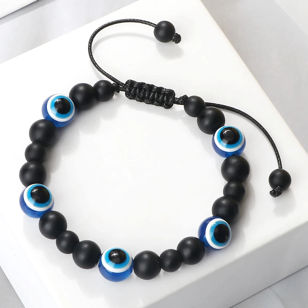Blue Evil Eye Beaded Bracelets Natural Cat Eye Stone 6 8mm Opal Men Bangles Adjustable Women Bracelet Lucky Yoga Jewelry Gifts
