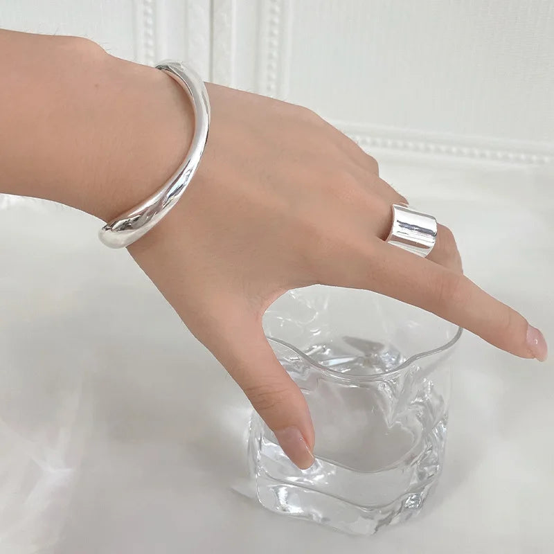 925 Sterling Silver Rings For Women Simple Minimalist Retro Square Smooth Open Finger Ring Fashion Band Female Bijoux Gift