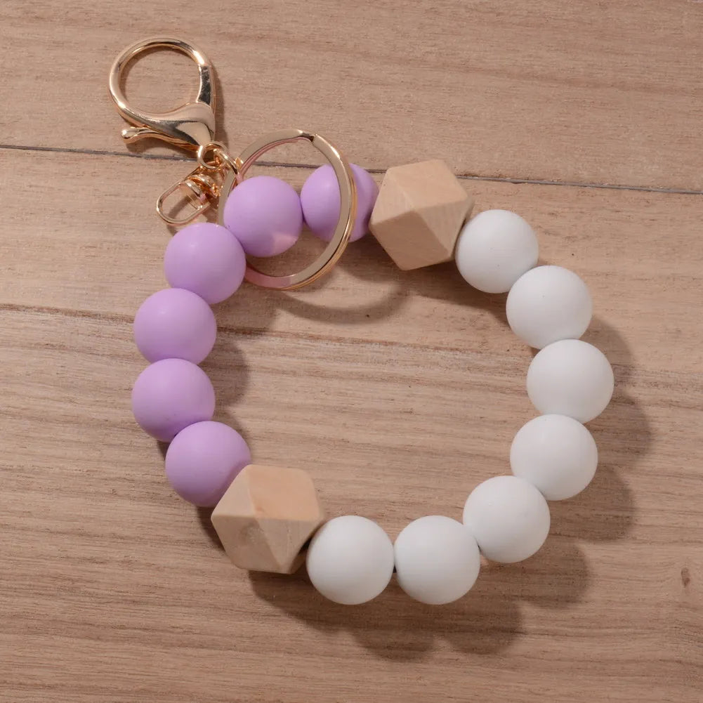 New Design Luxury Camouflage Silicone Bead Wrist Keychain Women Wood Bead Bracelet Keyrain For Car Keys Bag Pendant Friends Gift