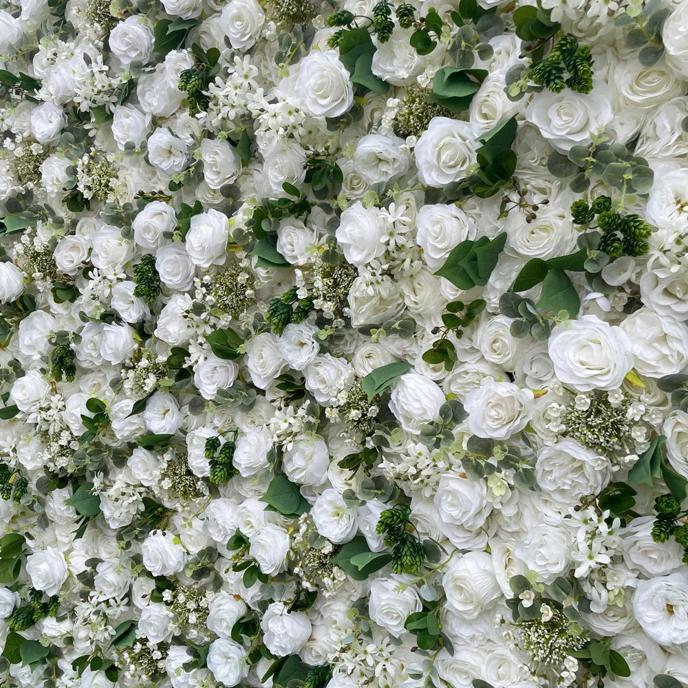 Rose Hydrangea Green Leaf Artificial Flowers Wall Cloth White Roll Up Curtain Hang Floral Wedding Event Backdrop Decor Props