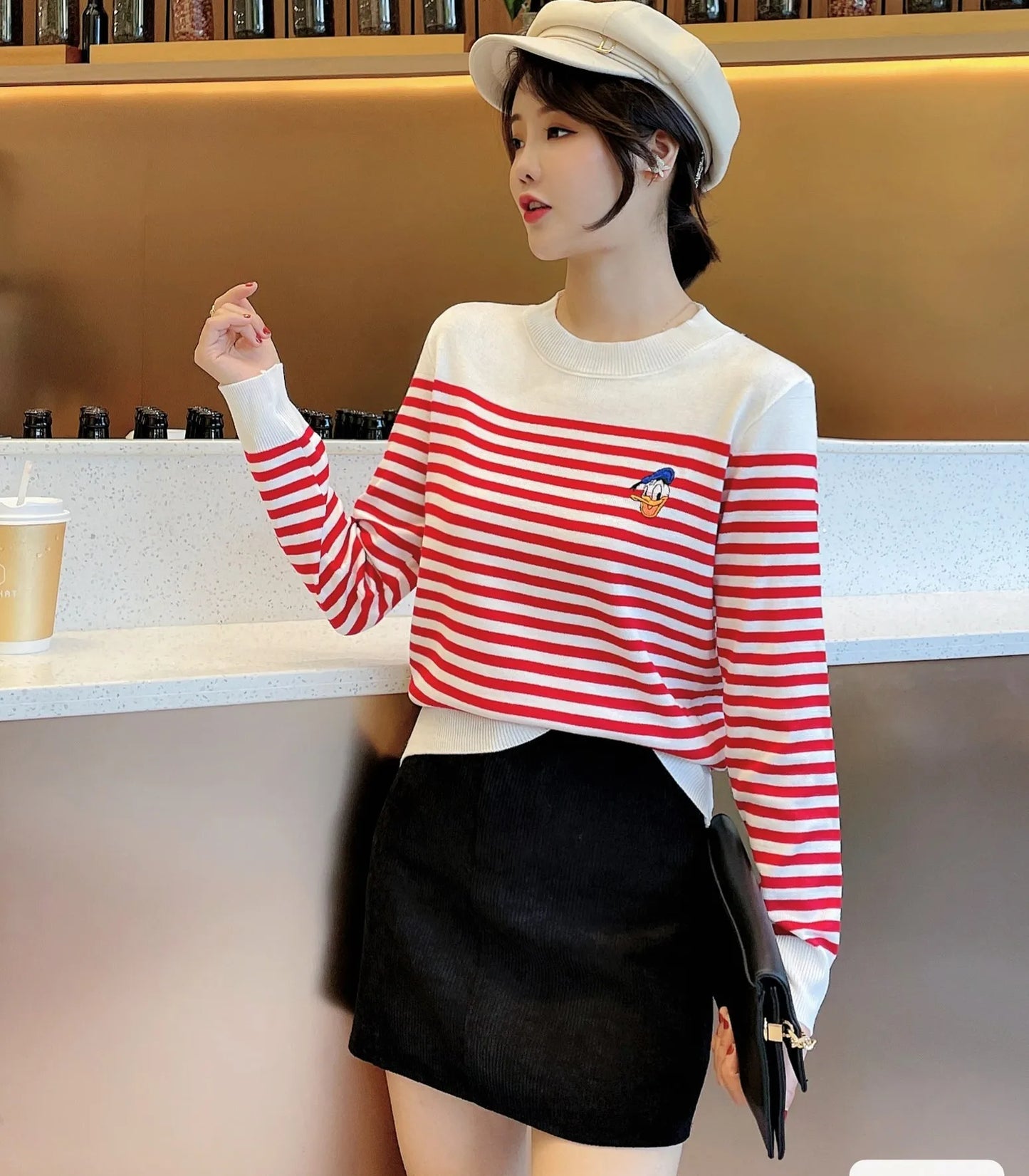 Disney Cartoon Donald  Sweaters for Women Embroidery Striped Knit Shirt Cardigan Female Fashion Clothing Tops Kawaii Skirts