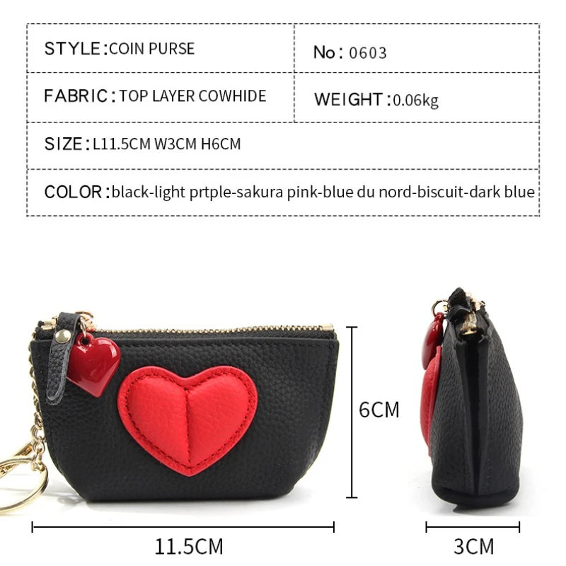 Tejesa Women's Soft Leather Coin Purses with KeyChain /Small Zipper Coin Pouch for Women Heart Pendant Zero Wallet Zipper Pocket
