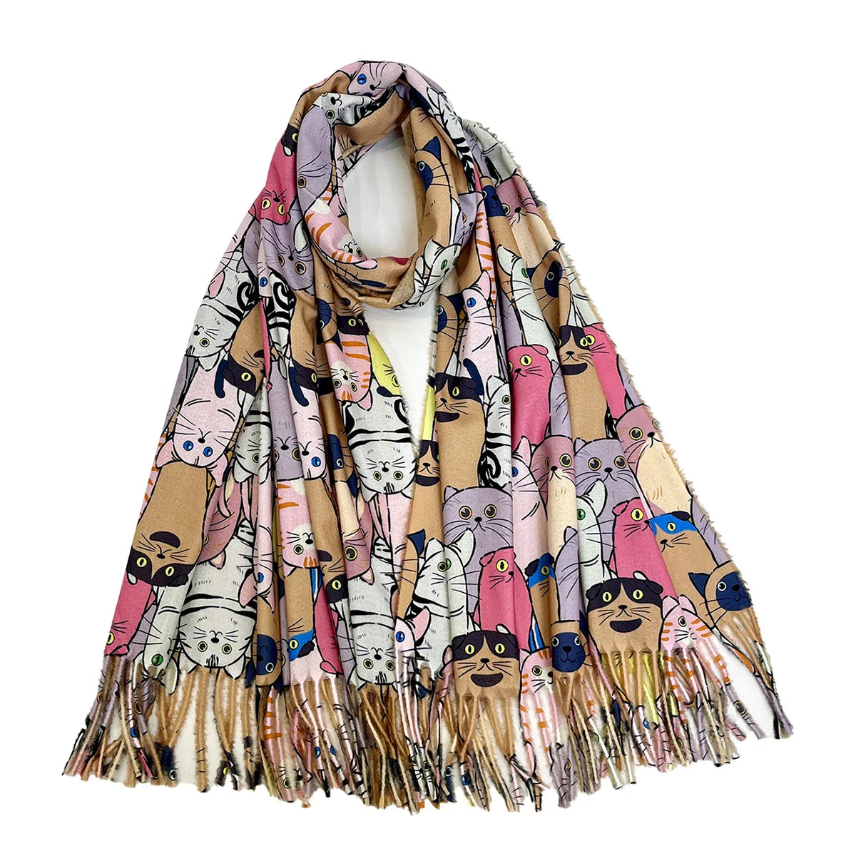 Hot selling fashion imitation cashmere animal cartoon cat oil painting style digital printing soft and warm tassel women's scarf