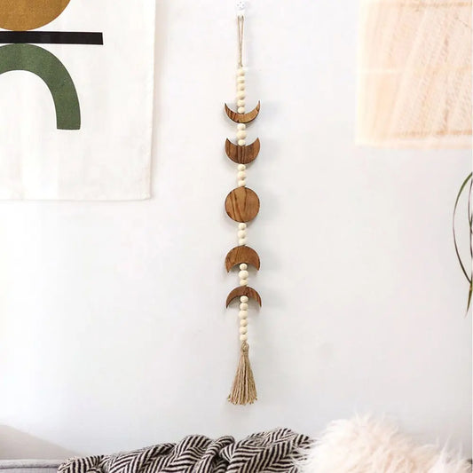 Wood Star Moon Phase Wall Hanging Garland Boho Beaded Wood Moon Phase Moon Garland with Tassel Home Wall Decor