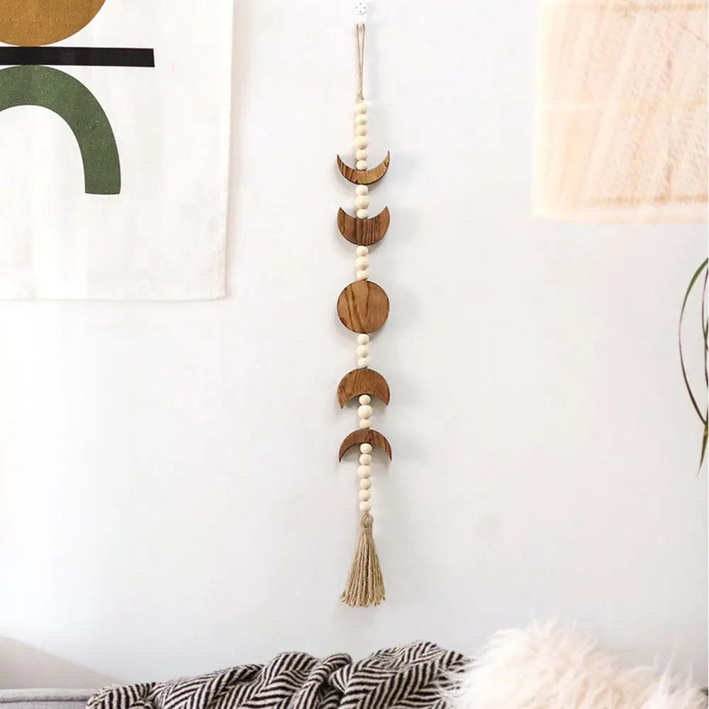 Wood Star Moon Phase Wall Hanging Garland Boho Beaded Wood Moon Phase Moon Garland with Tassel Home Wall Decor