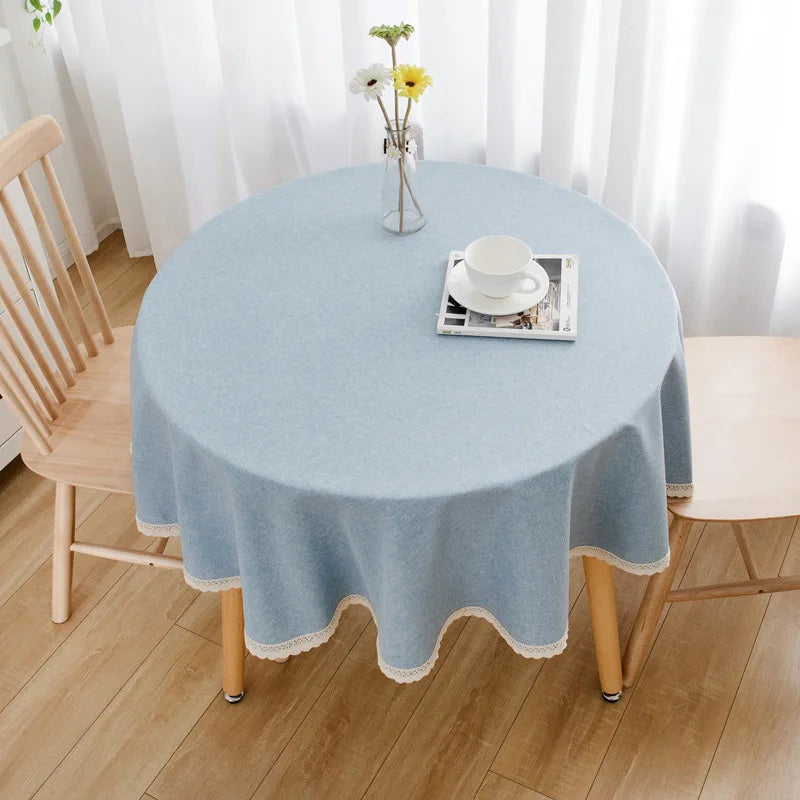 Tejesa Round Solid Color Faux Linen Tablecloth with Lace Trim-Waterproof/Spill Proof/Stain Resistant/Oil Proof-for Banquet,Parties