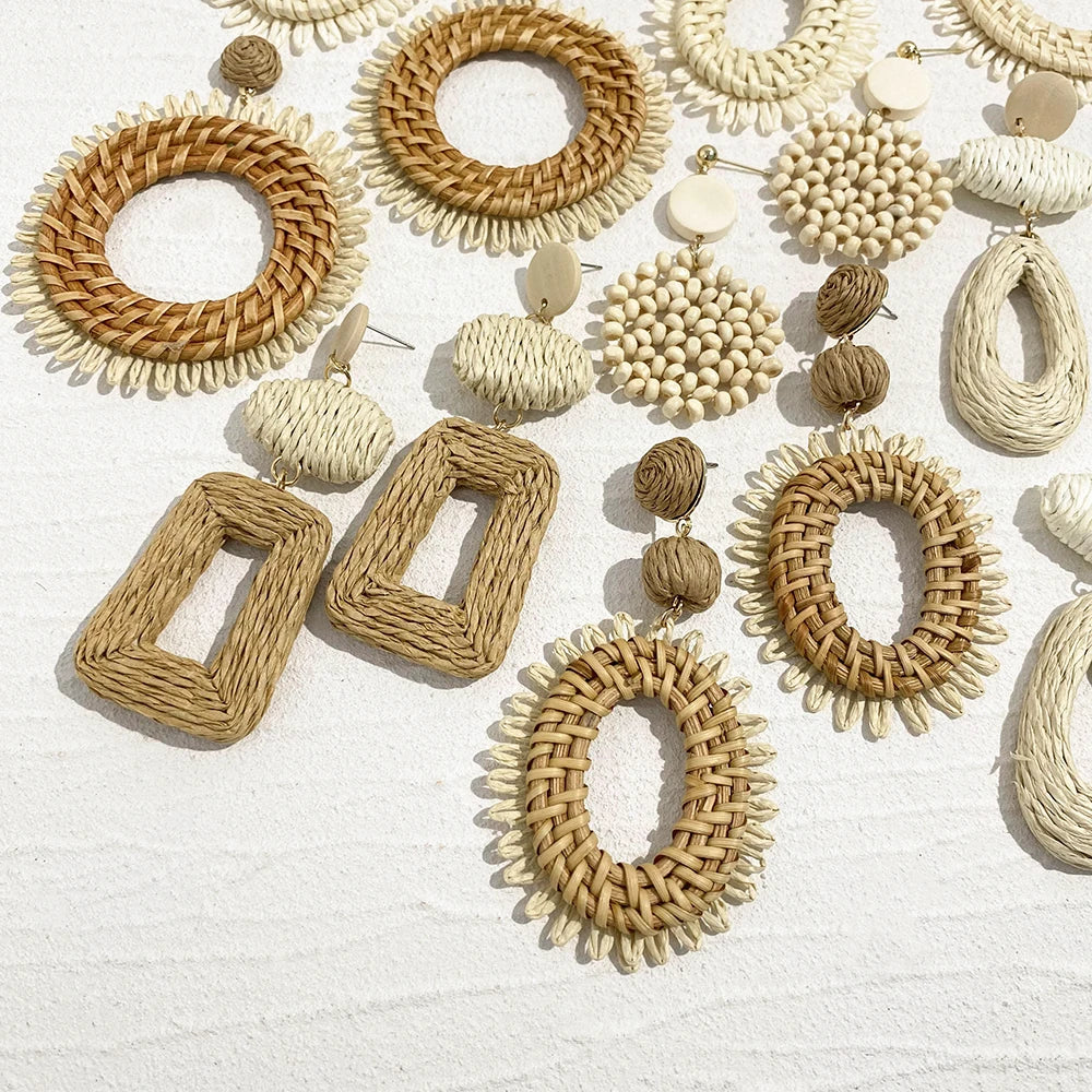 Lifefontier Handmade Woven Raffia Geometric Drop Earrings For Women Oversize Flower Beach Dangle Earring Jewelry Wholesale 2023