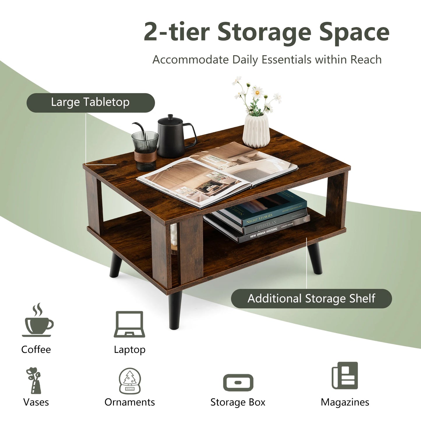 GOFLAME Small Coffee Table for Small Space 2-Tier Wooden Center Table with Open Storage Shelf