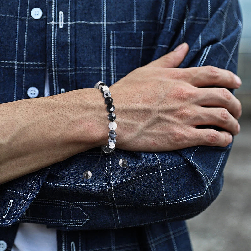 Hemasa Natural Lava Stone Blackstone Tiger's Eye Bead Bracelet Adjustable Braided Rope Bracelet