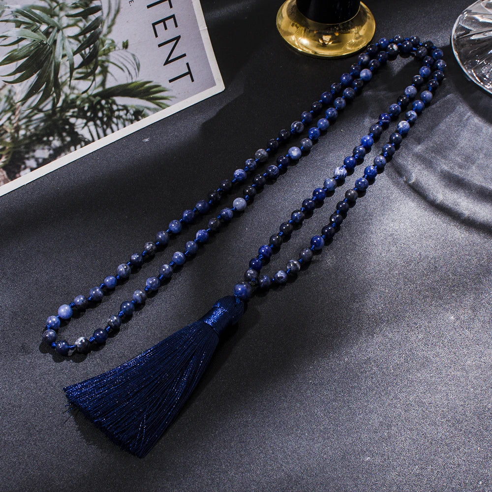 6mm Natural Sodalite Beaded Knotted 108 Mala Necklace Meditation Yoga Prayer Boho Tassel Jewelry Rosary for Women
