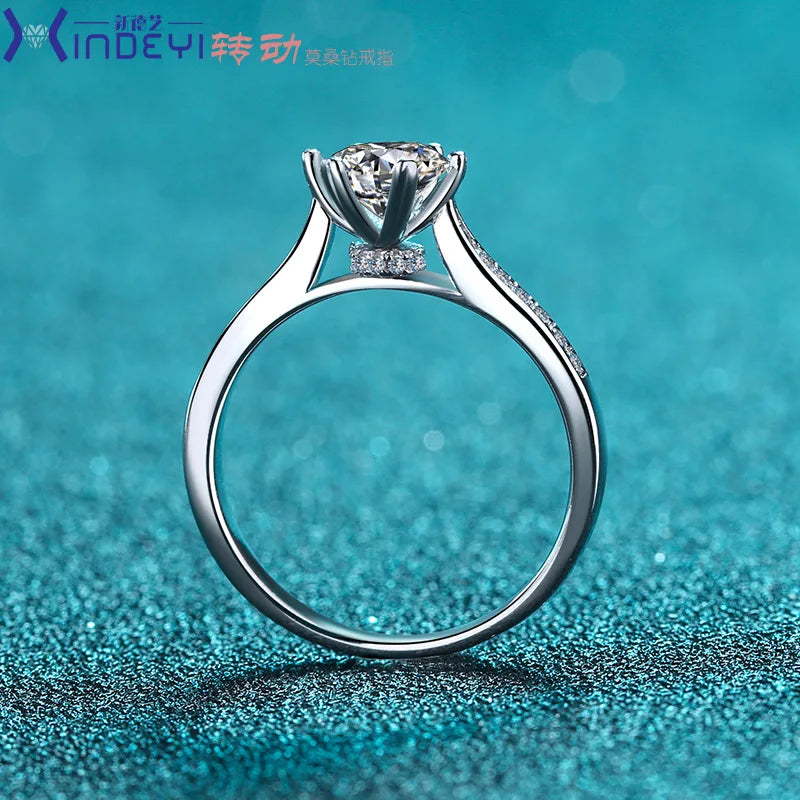Hemasa Sterling silver ring, women's rotating six claw diamond ring, 1 carat Mosang stone