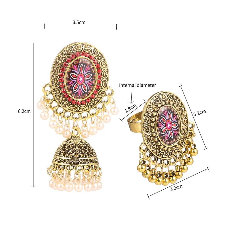 Hemasa Ethnic Pendant Earrings/Ring Set For Women Turkish Egypt Tribe Pearl Tassel Flower Carved Indian Earrings Jewelry