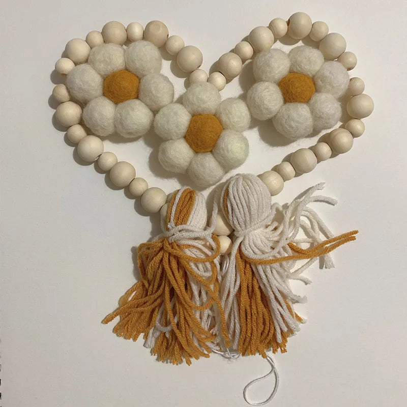 INS Wool Felt Flower Wooden Beads Garland Tassel String Bohemian Baby Kids Room Wall Hanging Ornaments Nursery Decor Photo Props