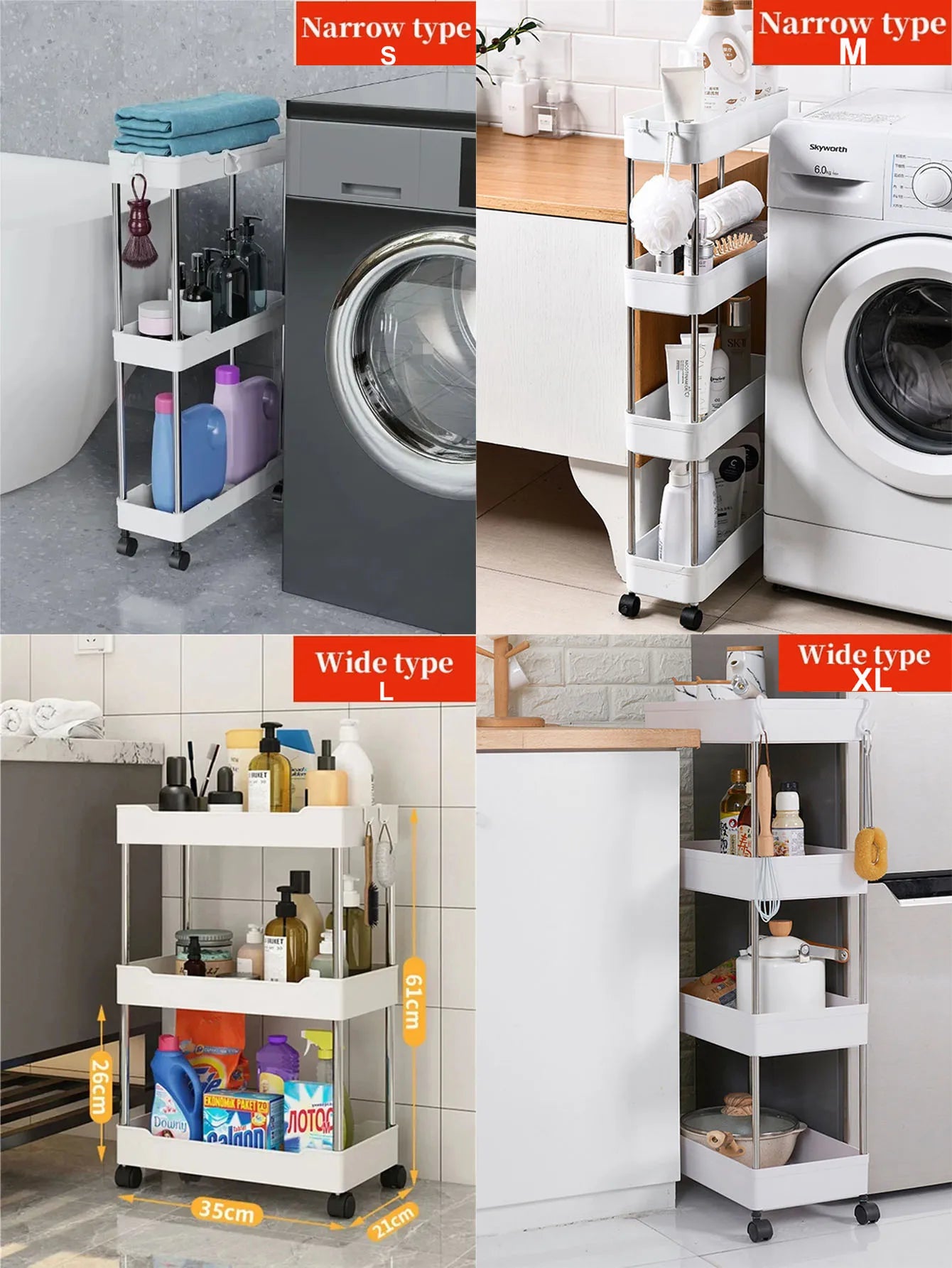 Hemasa 1pcs 3/4 Tier Rolling Utility Cart Storage Shelf Movable Gap Storage Rack Kitchen Bathroom Slim Slide Organizer Shelf Livingroom