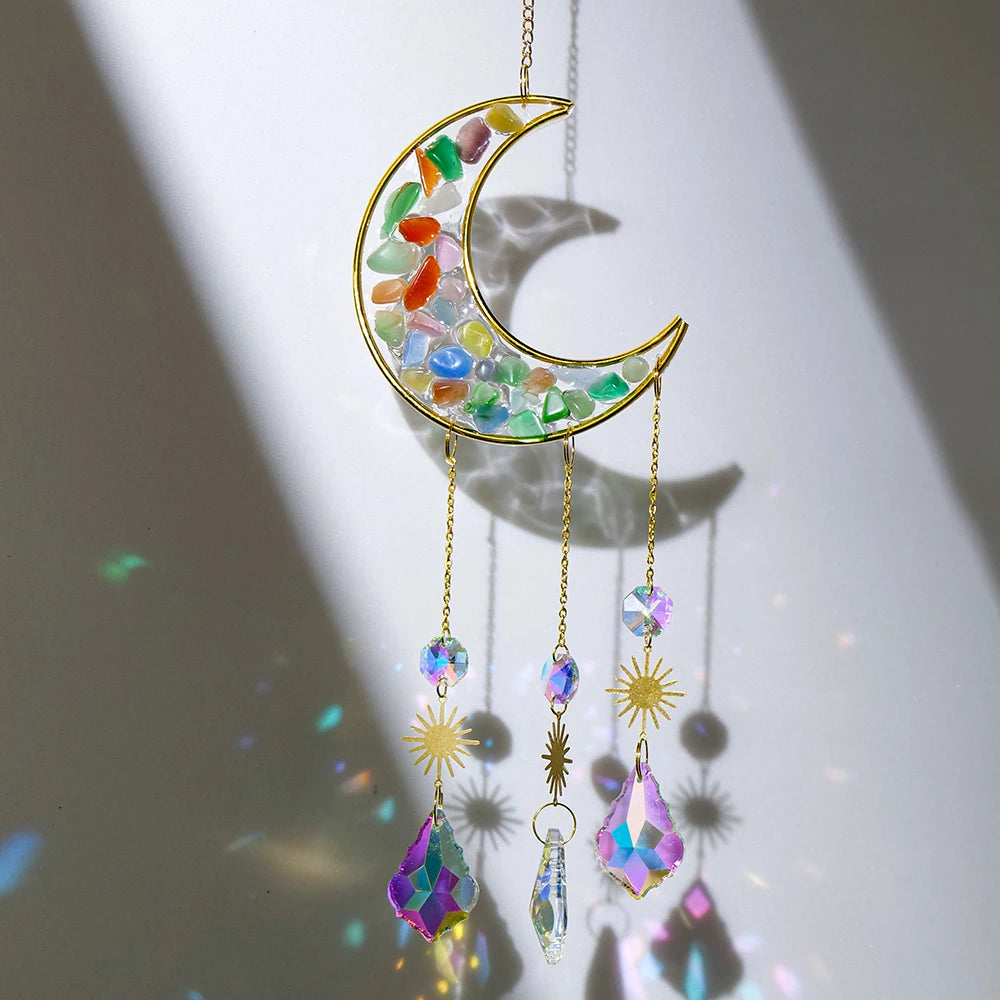 1pc Natural Crystal Gravels Moon Sun Catcher Wind Chime  Energy Quartz Crystal Crafts Christmas Home Decoration Gifts