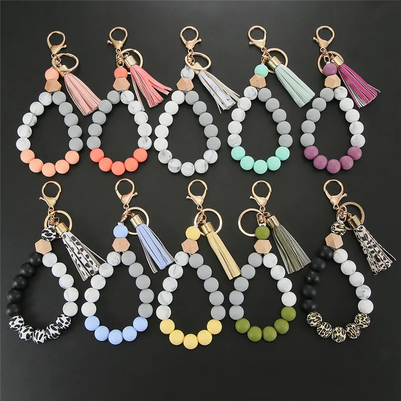 Hemasa Silicone Beaded Tassel Keychain Lobster Clasp Pendant Keyring Bracelet Keychain For Women
