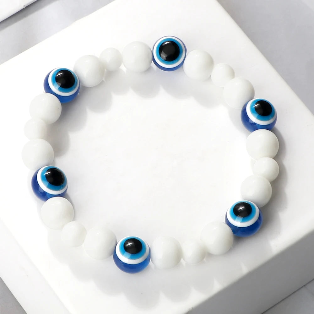 Blue Evil Eye Beaded Bracelets Natural Cat Eye Stone 6 8mm Opal Men Bangles Adjustable Women Bracelet Lucky Yoga Jewelry Gifts