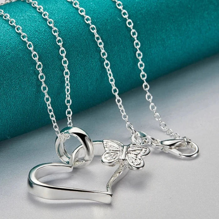 Hemasa 925 Sterling Silver Butterfly Heart Pendant Necklace 18 Inch Chain For Woman Fashion Wedding Engagement Charm Jewelry